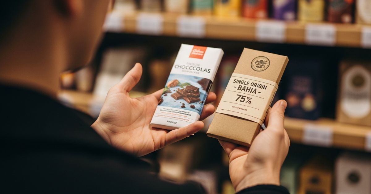 Consumidor escolhendo uma barra de chocolate de origem única em vez de uma industrial, representando as novas tendências de consumo.