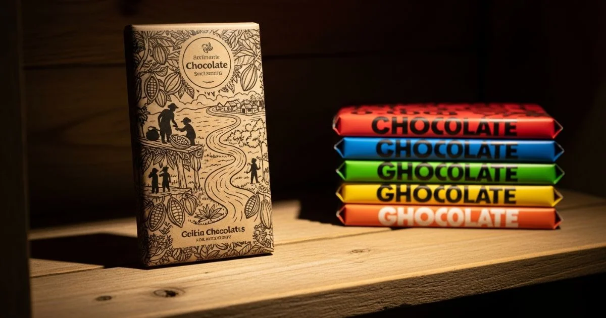 Comparativo entre uma barra de chocolate artesanal, que se destaca, e barras de chocolate industrializadas.
