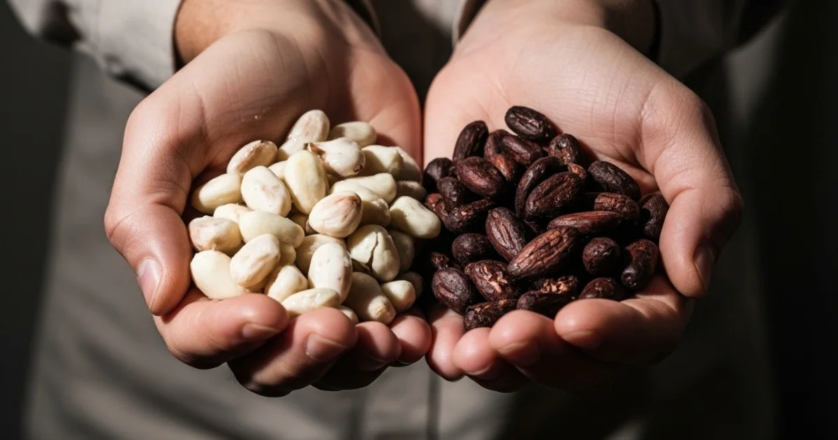 Comparativo mostrando a transformação da semente de cacau fresca (branca) para a amêndoa de cacau fermentada e seca (escura).