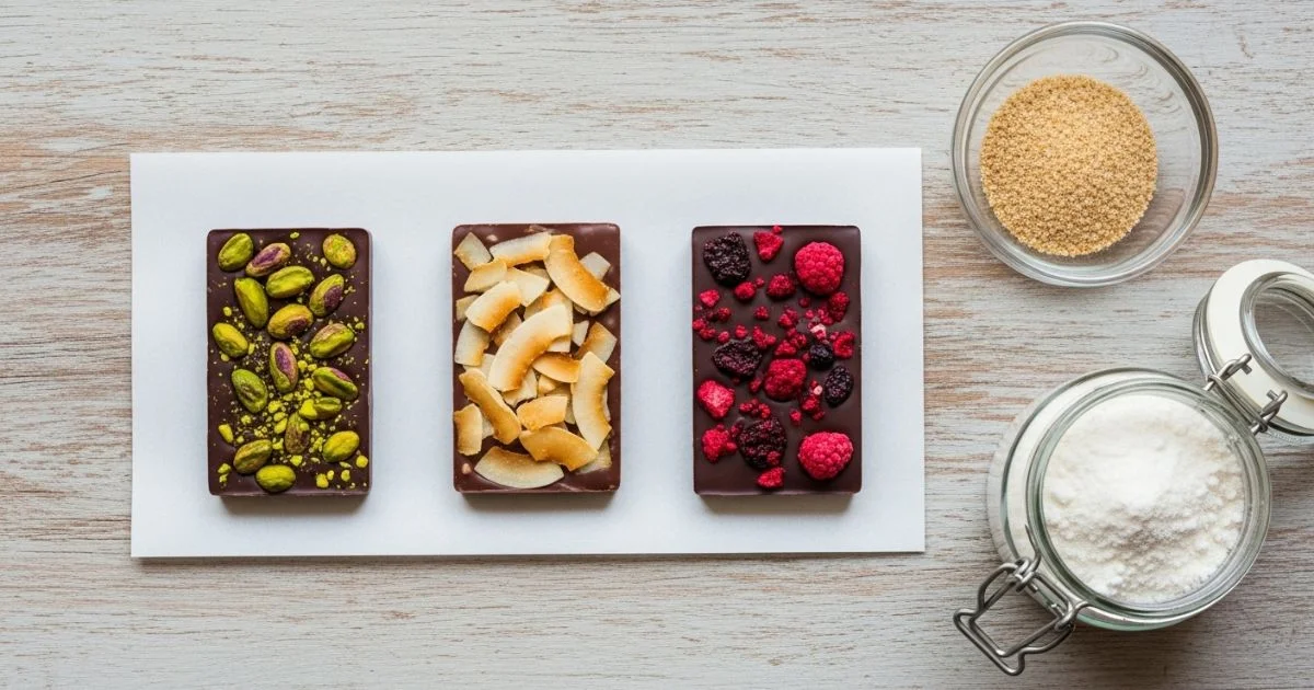 Variedade de barras de chocolate vegano e sem açúcar feitas artesanalmente, ilustrando o potencial criativo para empreendedores.