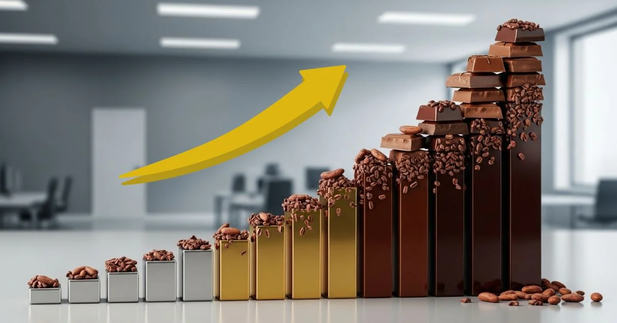 Gráfico mostrando o crescimento do mercado global de chocolate, que se transforma em chocolate de verdade.