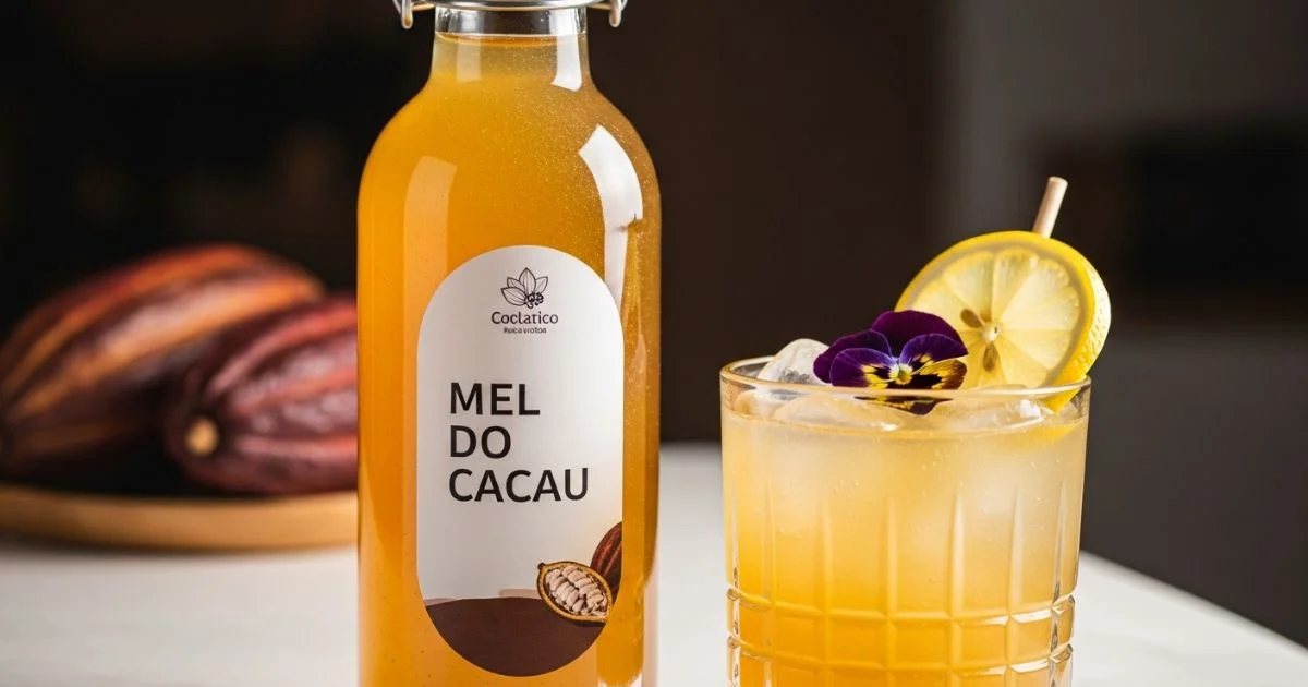 Garrafa de mel de cacau artesanal ao lado de um coquetel refrescante, mostrando o potencial gourmet do produto.