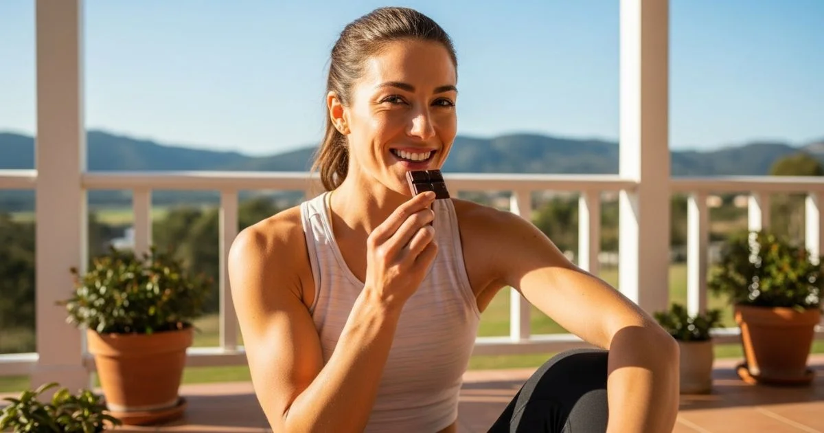 Mulher desfrutando de um pedaço de chocolate amargo como parte de um estilo de vida saudável e equilibrado.