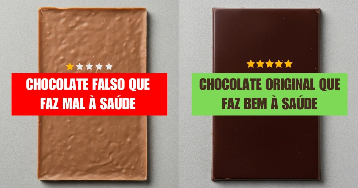 Comparativo entre um chocolate industrial com gordura hidrogenada e um chocolate artesanal puro, mostrando a diferença nos ingredientes.