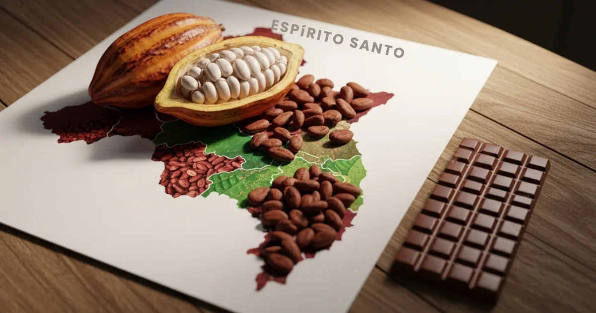 Mapa do Espírito Santo destacando as regiões produtoras de cacau fino, simbolizando o boom do chocolate de origem e bean to bar no estado.