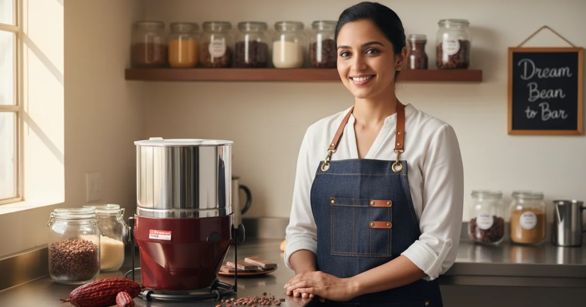 Mulher empreendedora em sua mini fábrica de chocolate bean to bar caseira, simbolizando as novas líderes do mercado.