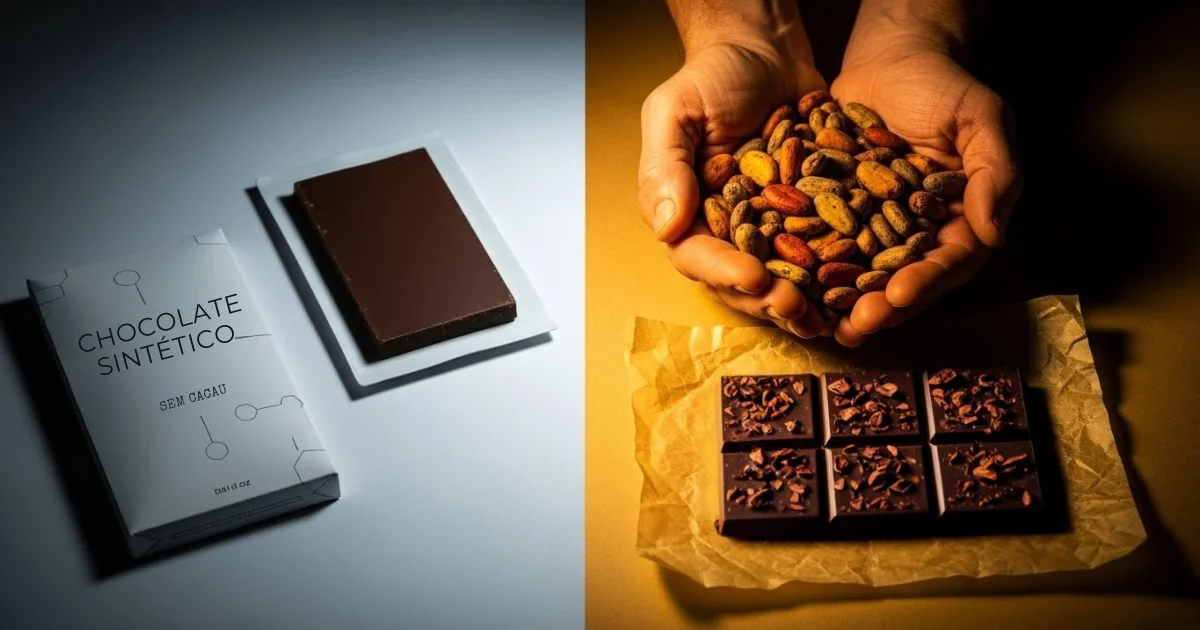 O futuro do chocolate: contraste entre a inovação tecnológica da indústria e a tradição autêntica do bean to bar artesanal.