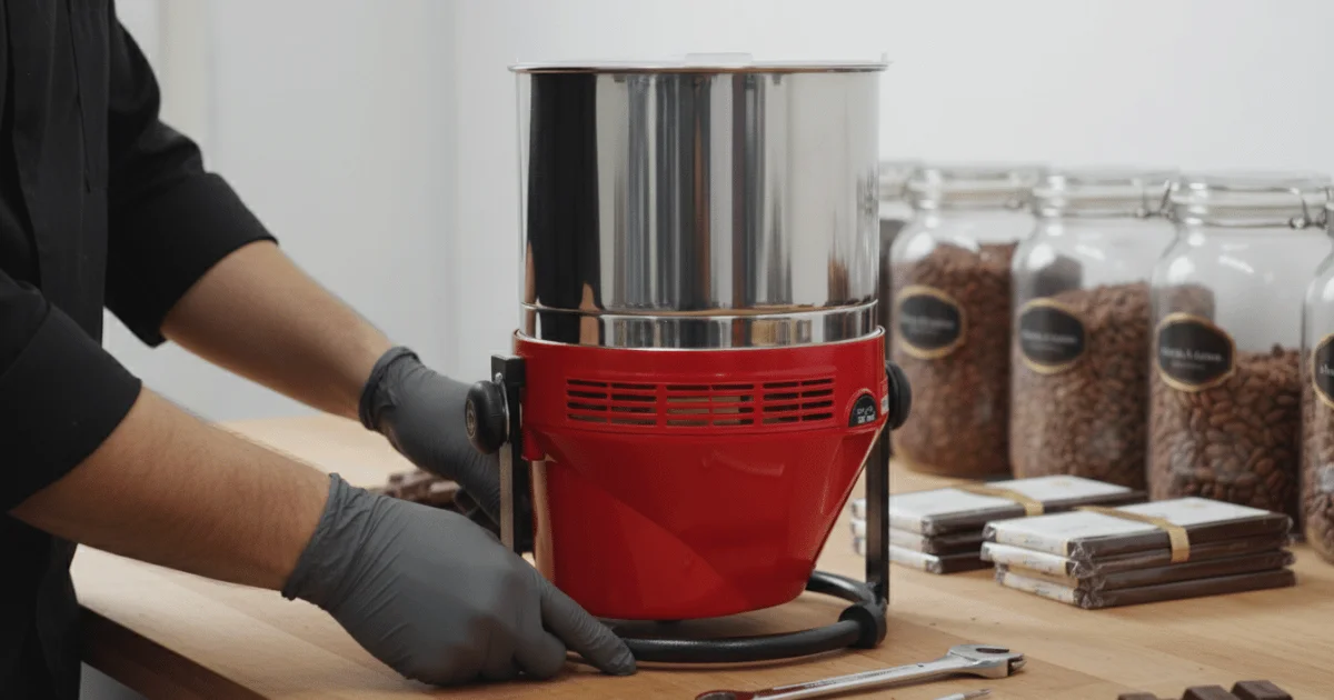 Chocolatier realizando a manutenção preventiva em uma Melanger Premier, garantindo a longevidade do equipamento.