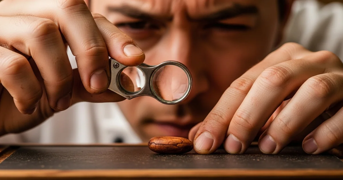Chocolatier inspecionando a qualidade de uma amêndoa de cacau, simbolizando o controle sobre a segurança do chocolate artesanal.