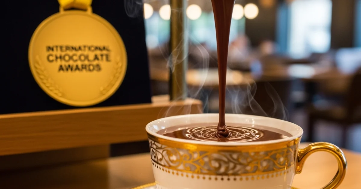 Xícara de chocolate quente artesanal premiado com textura espessa.