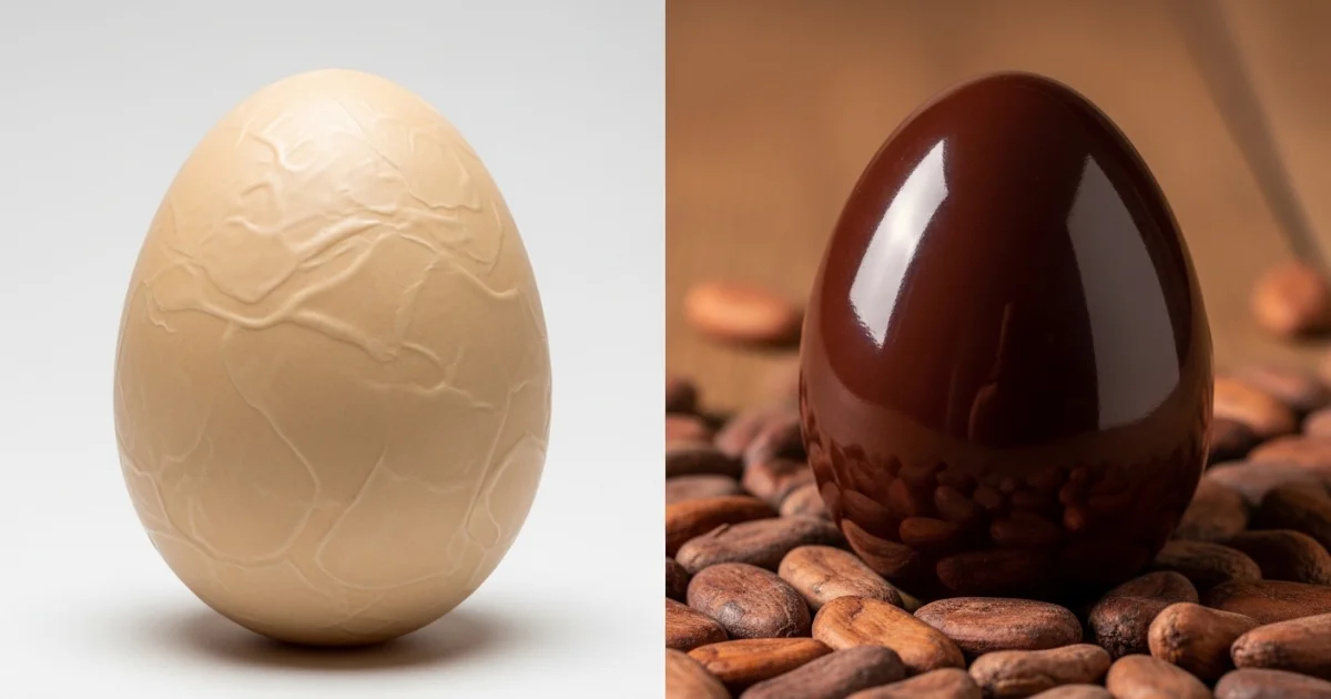 Comparação entre um ovo de Páscoa industrial e um ovo artesanal de chocolate bean to bar.