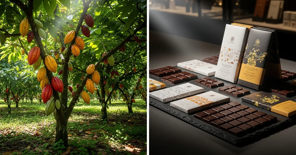 O caminho do cacau, desde a plantação na fazenda até o chocolate premium na cidade.