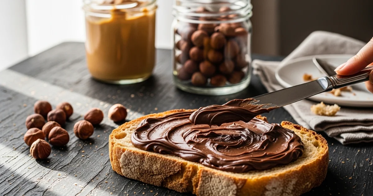 Torrada com Nutella caseira premium e potes de pasta de amendoim artesanal.