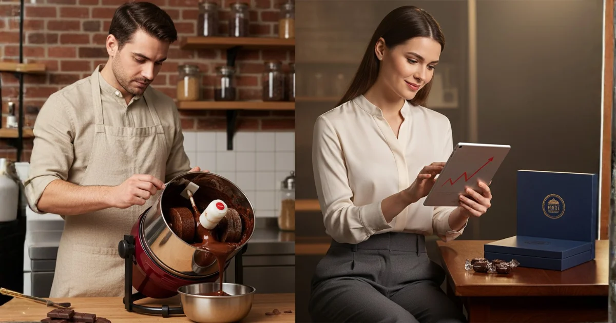 Casal empreendedor dividindo tarefas na produção e gestão de uma empresa de chocolate.