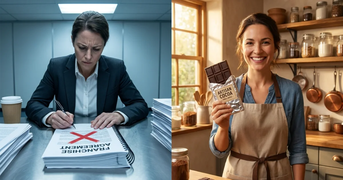 Comparação entre assinar um contrato de franquia e criar sua própria marca de chocolate.
