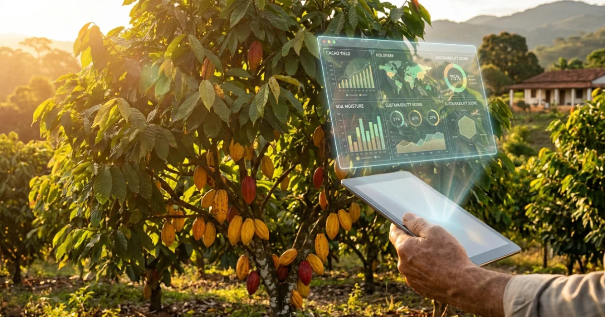 Tecnologia de inteligência artificial sendo aplicada em uma fazenda de cacau no Brasil.
