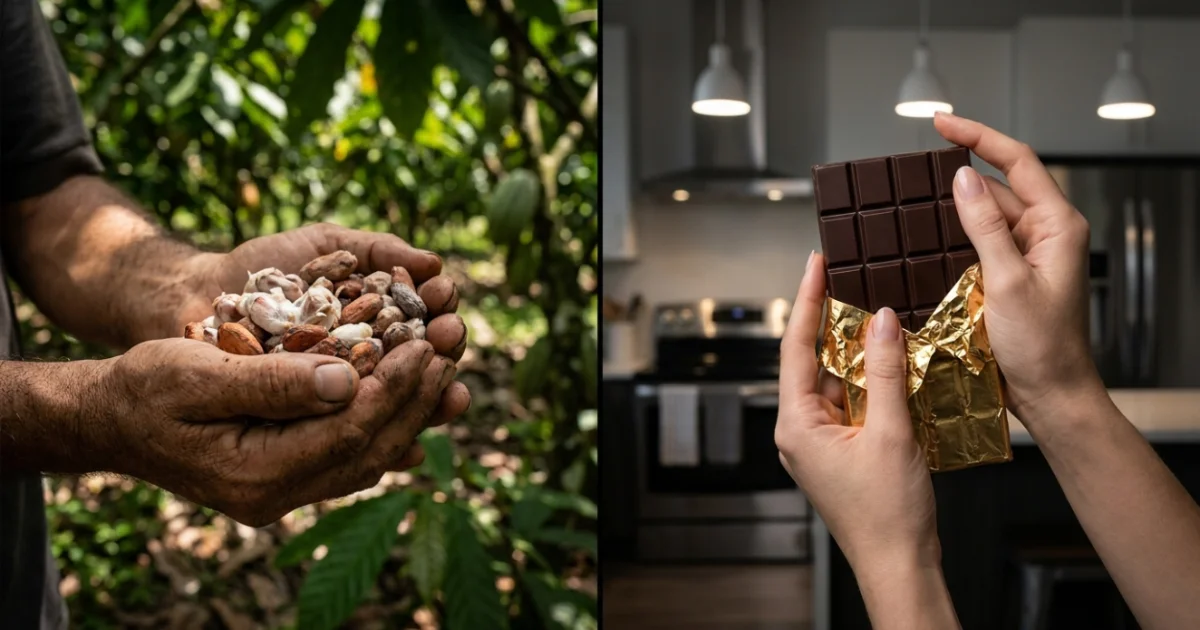 O processo do cacau à barra, mostrando amêndoas rústicas e uma barra de chocolate finalizada.
