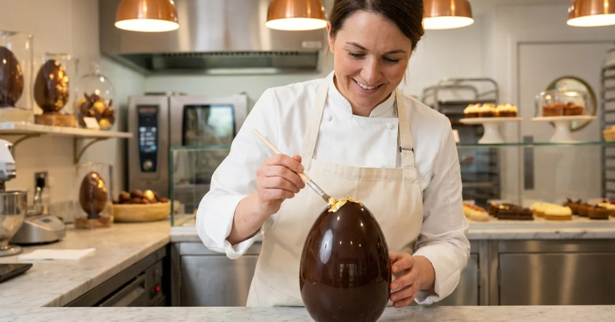 Empreendedora finalizando um ovo de Páscoa fino de chocolate artesanal.
