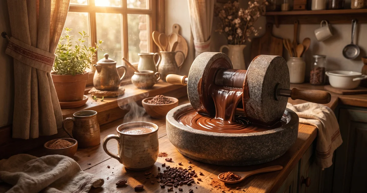 Máquina melanger produzindo chocolate a partir de cacau em um ambiente aconchegante.
