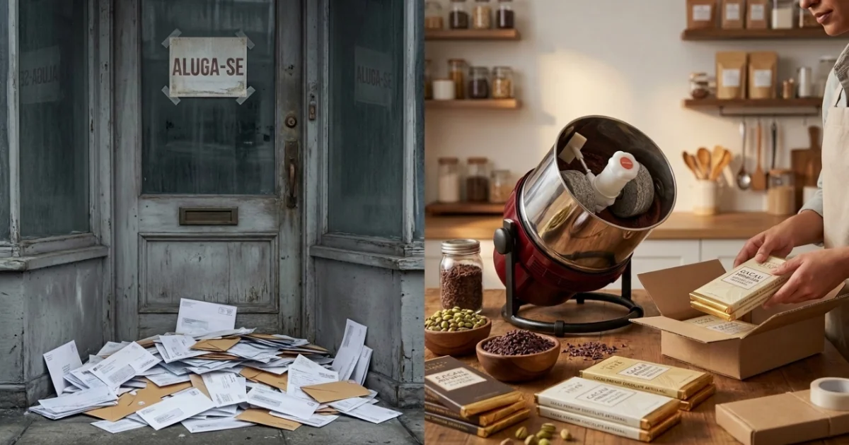 Contraste entre os custos de uma loja comercial e a eficiência de uma produção de chocolate em casa.