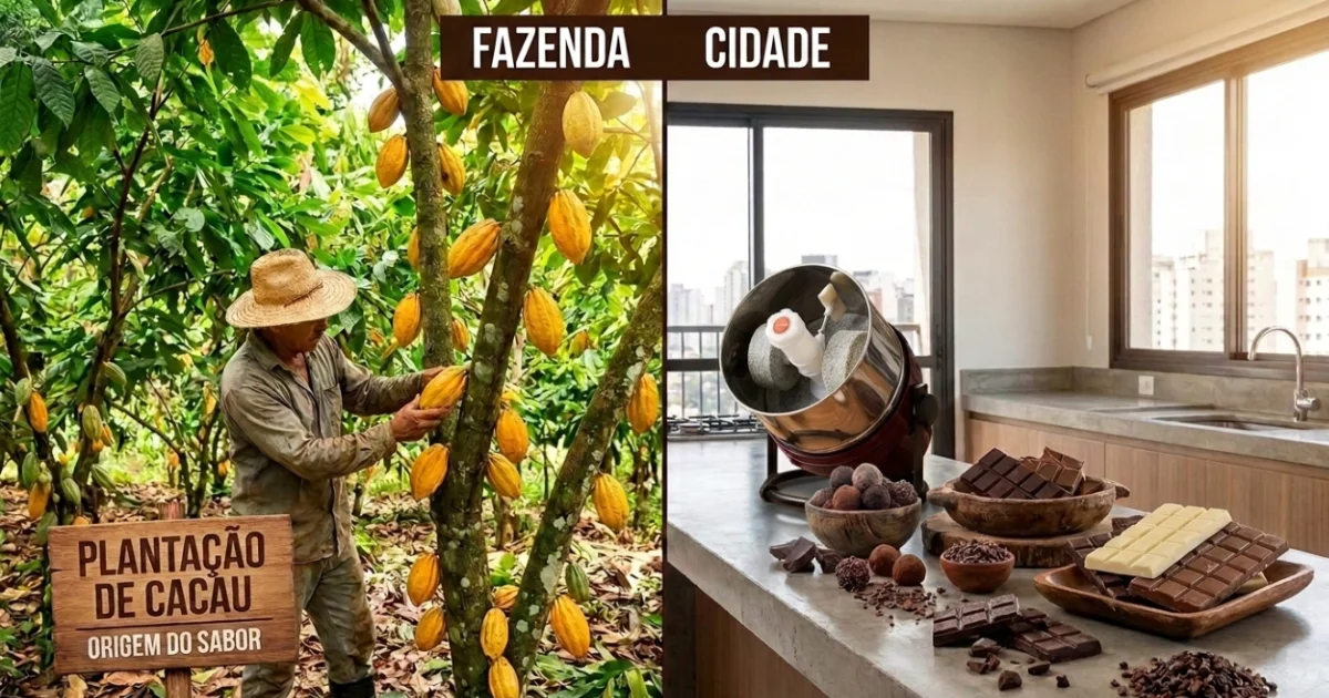 Contraste entre uma plantação de cacau no campo e a produção de chocolate em um apartamento na cidade.