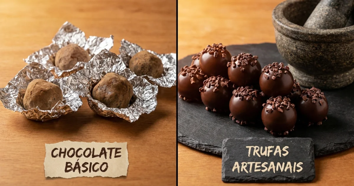 Comparação entre trufas comuns e trufas gourmet finalizadas com nibs de cacau.
