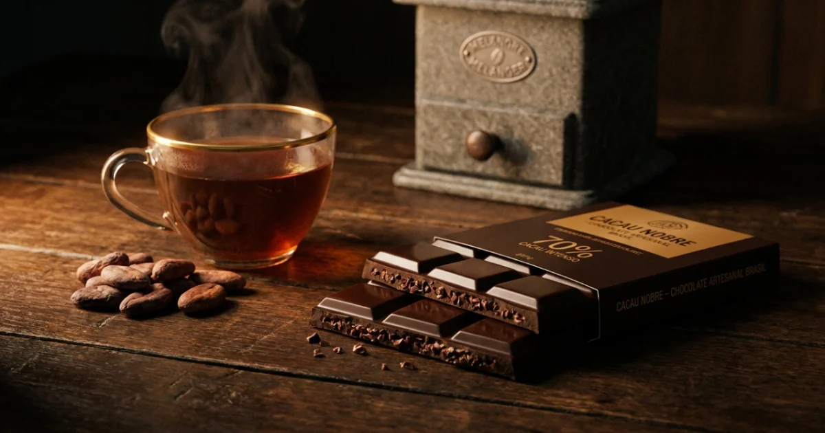 Degustação de chocolate fino ao lado de uma xícara de chá de cacau.