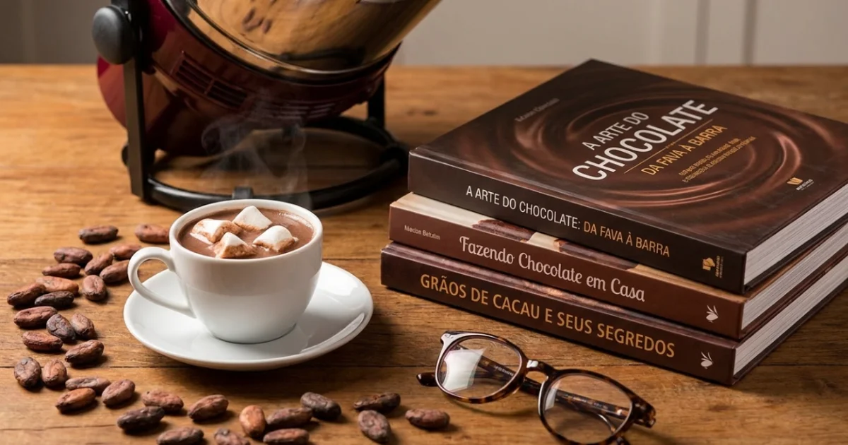 Livros sobre chocolate bean to bar e uma xícara de chocolate quente.