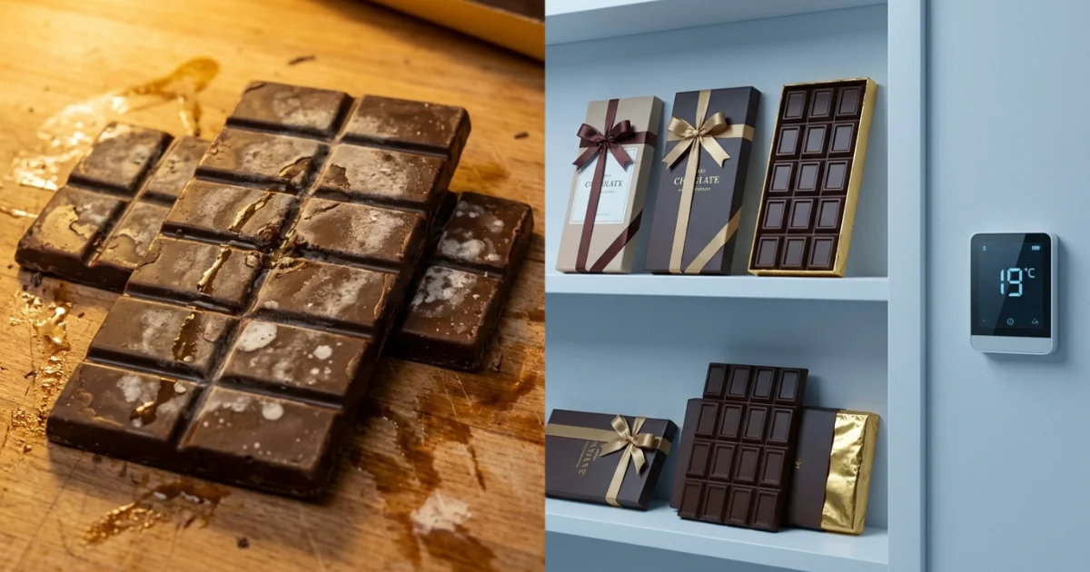 O contraste entre um estoque de chocolate sem controle climático e um estoque profissional perfeito.